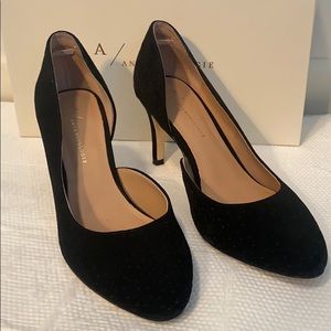Anthropologie Black Suede Laser Cut Heel 7.5M